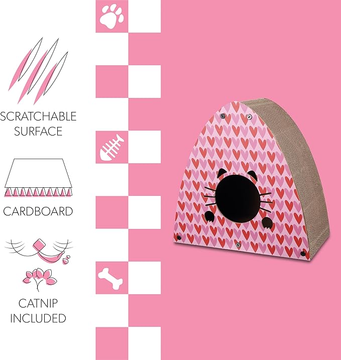 CSR1006C Koko 19" Modern Cardboard Triangle Cat Cave Scratcher with Catnip, Pink/Red, 2-in-1 Corrugated Cat House Hideaway & Scratching Board for Cats, Durable Furniture Protector