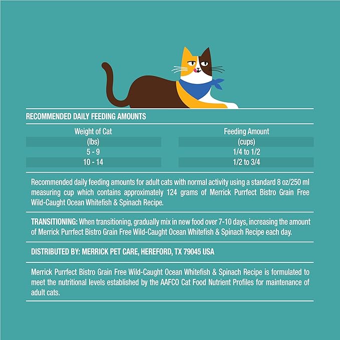 Merrick Purrfect Bistro Grain Free Wild-Caught Ocean Whitefish and Spinach Recipe Natural Dry Cat Food for Adult Cats, High Protein, Outdoor or Indoor Cat Food - 4 lb. Bag