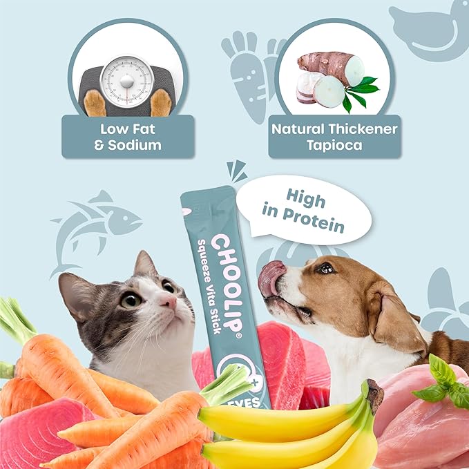 Choolip Squeeze Vita Stick Lickable Cat and Dog Treats – 49-Count Eye Support Sticks with Multivitamins, Soft Squeezable Paste for All Life Stages, Supporting Eye Health - Box with 7 Pouches