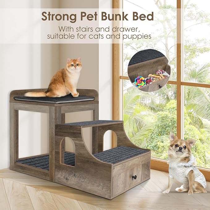 Cat Window Perch with Removable Stairs, Large Pet Bunk Bed with Drawer and Cushion for Cats and Dogs, Strong Frame Pet Bed for Bedside, Home, Indoor, Grey