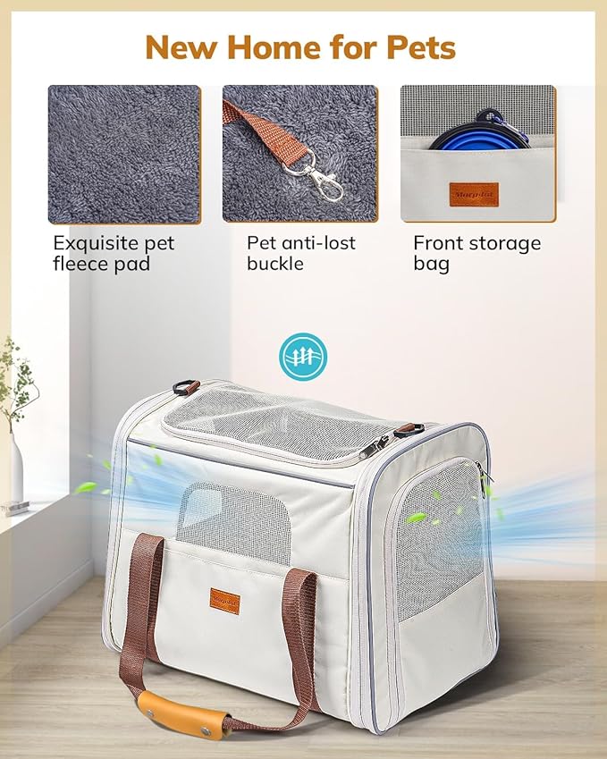 Morpilot Pet Travel Carrier Bag, Soft-Sided Dog Carrier Cat Carrier Pet Carrier, for Large Cats and Medium Puppies up to 25lbs, with Locking Safety Zippers, Foldable Bowl (Beige)