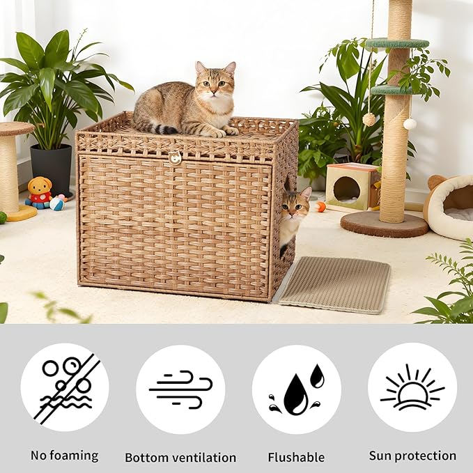 PeakPursuit Rattan Litter Box Enclosure Hidden Cat Furniture with Removable Litter Mat, Natural Cat House End Table, Easy Assembly, 27.5" l x 20.5" w x 22" h Natural Color