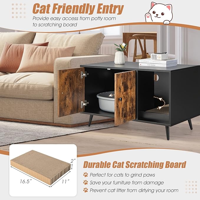PETSITE Litter Box Enclosure, Wooden Hidden Litter Box Furniture with Cabinet & Scratching Pad, Stackable Cat Washroom Pet House End Table