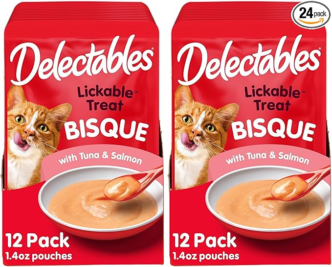 Delectables Lickable Treat Bisque Wet Cat Treat with Real Tuna & Salmon,Food Topper,Hydrating,Grain-Free,No Fillers,No by-Products,No-Added Preservatives,1.4oz Pouch,(Pack of 24)