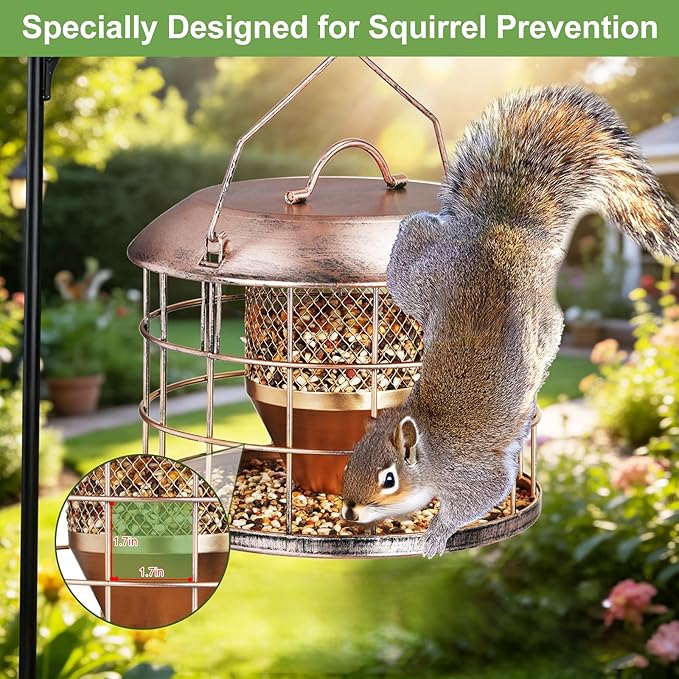 Metal Caged Bird Feeder, Squirrel Proof Bird Feeders for Outdoors Hanging, Wild Birds Feeder for Small Sparrows Finchs, Squirrel Chew-Proof Birdfeeder for Outside Backyard Birding Watching Gifts