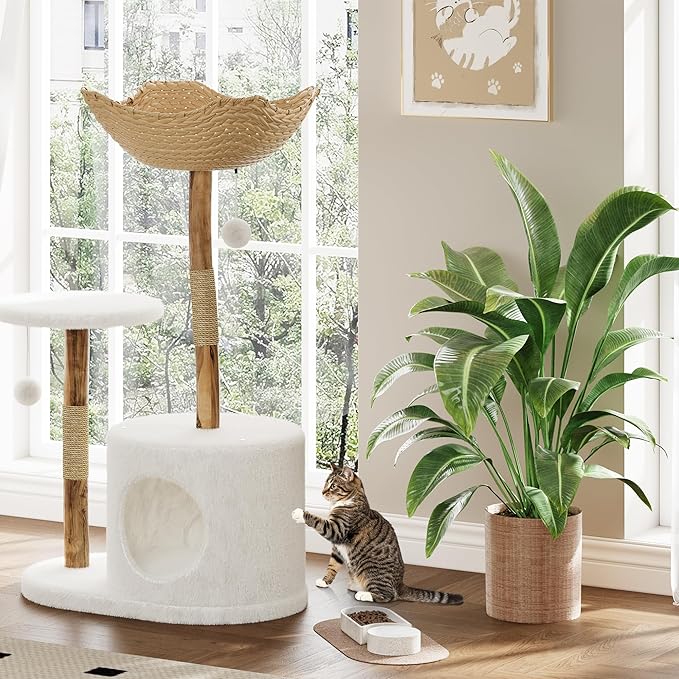 GarveeHome Real Wood Cat Tree, Modern Cat TreeReal Wood Modern Cat Tree Tower, Cat Scratching Post with Bed for Indoor Cats with Natural Wicker Condo, Aesthetic Tree Stand, Luxury Pet Furniture