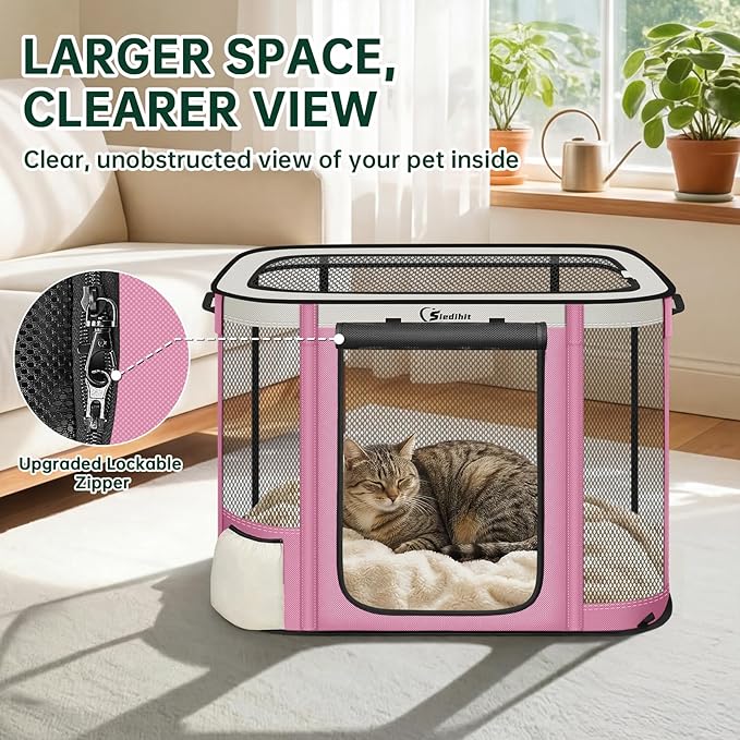Siedihit Dog Cat Playpen Crate with Washable Pee Pad, Reinforced Durable Dog Cage, Portable Foldable Pet Kennel with Breathable Visibility (Pink, Small)