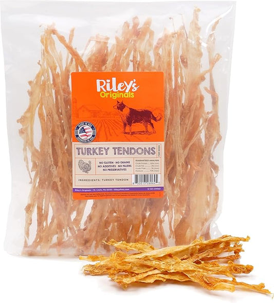 Riley's Turkey Tendons for Dogs - Dehydrated Treats for Small & Large Breeds - Promotes Dental Health - Made in the USA - 12 oz