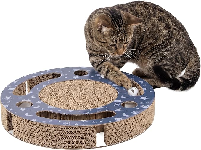 Kitty City Starry Night Corrugate Cat Scratcher with Ball Track Toy - Scratch Pad Lounger, Horizontal Corrugate Nail File Bed for Indoor Kittens, Kitty Enrichment & Play, 13” x 13”