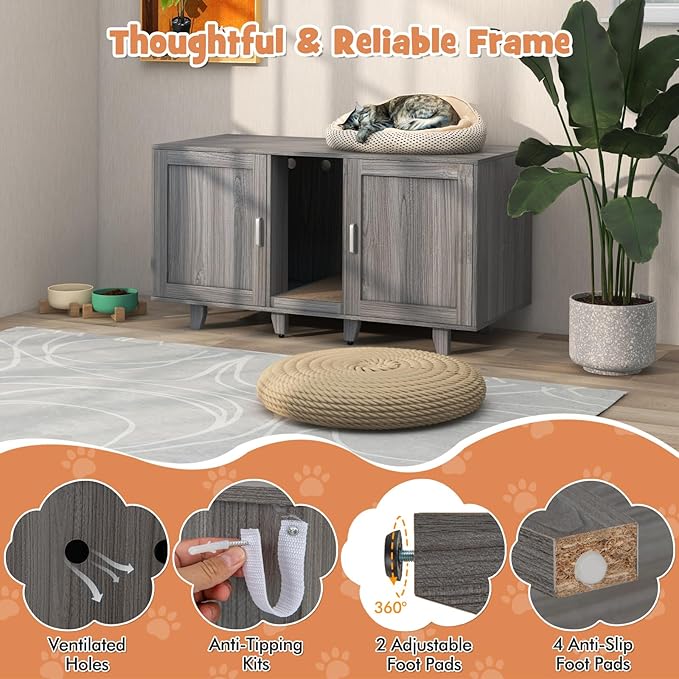 Giantex Cat Litter Box Enclosure - Cat Washroom Hidden Furniture, 2 Storage Cabinets, Removable Cat Scratcher, Air Vents, Detachable Legs, Wood Pet Crate Indoor Cat House TV Stand (Gray)
