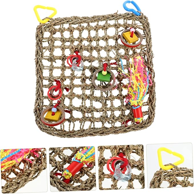 Mikikit 1Pc Handmade Parrot Hammock Natural Woven Climbing Net for Cockatiels Parakeets Birds Safe Edges Bird Accessories for Play Rest