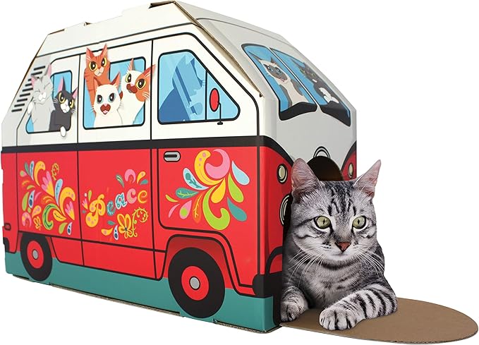 American Cat Club Cat House with Scratcher & Catnip included - Retro Van, 1 Count (Pack of 1)