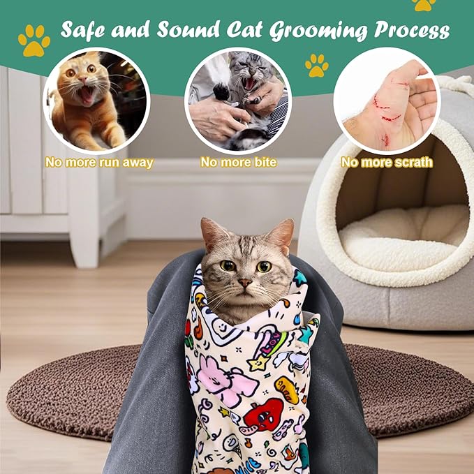 Cat Wrap for Cutting Nails and Grooming,Cat Restraint Wrap for Nail Clipping,Self-Adhesive Fabric Cat Swaddle Burrito Wrap for Nail Trimming (Graffiti Style)