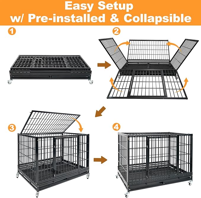 Homey Pet Heavy Duty Dog Crate for Large Dogs, 47 Inch Stackable Large Dog Cage with 4 Wheels, 2 Removable Trays and Grids, Multi Locks Strong & Solid Escape Proof Dog Kennel Indoor