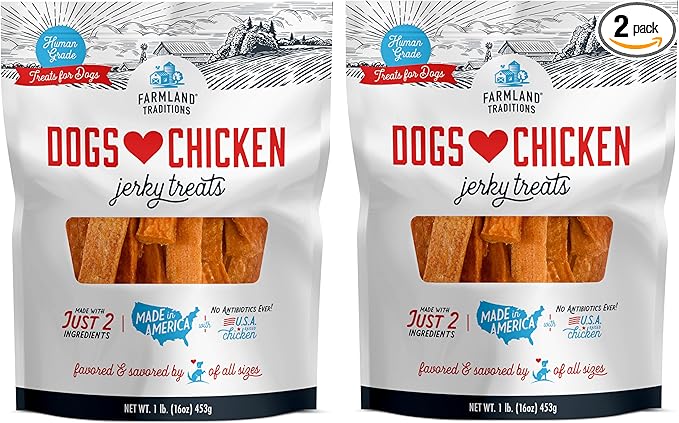 Farmland Traditions Dogs Love Chicken Jerky Dog Treats, Premium Two-Ingredient Dog Jerky with USA-Raised, Human-Grade Chicken & No Antibiotics Ever, 1 Pound (Pack of 2) Bag.