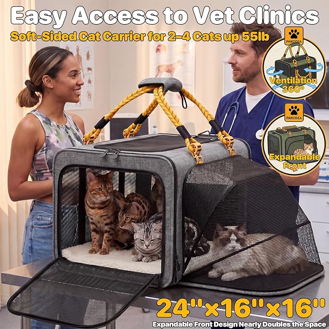 PAWZIDEA Expandable Large Pet Carrier with Wheels, 24x16x16 in Rolling Cat Carrier for 2–4 Cats up 55lb, Soft-Sided Collapsible Small Medium Dog Crate for Car Travel, Telescopic Handle, Storage Pocket