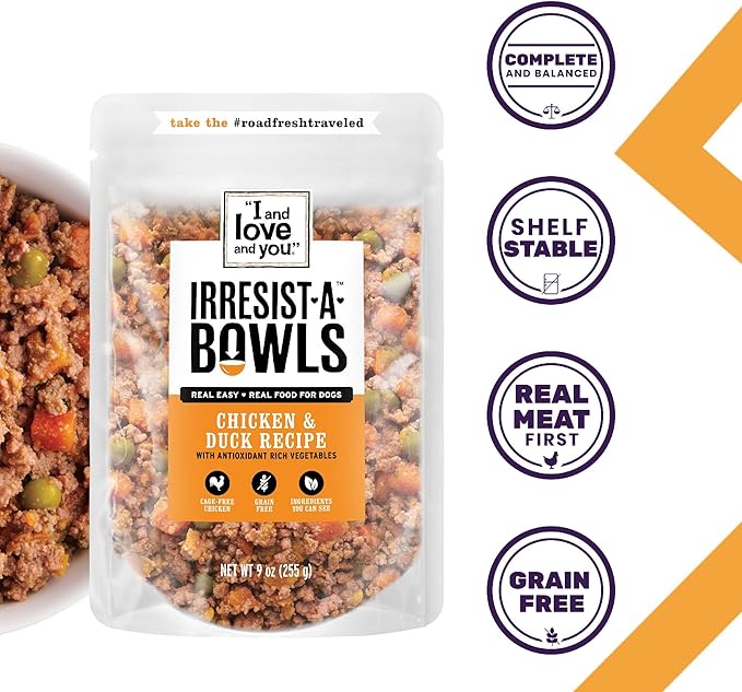 I AND LOVE AND YOU Irresist-a-Bowls Freeze Dried Dog Food - Chicken + Duck- Prebiotics, Grain Free, Filler Free, Meal Enchancer, 9oz Pouch, 4pk