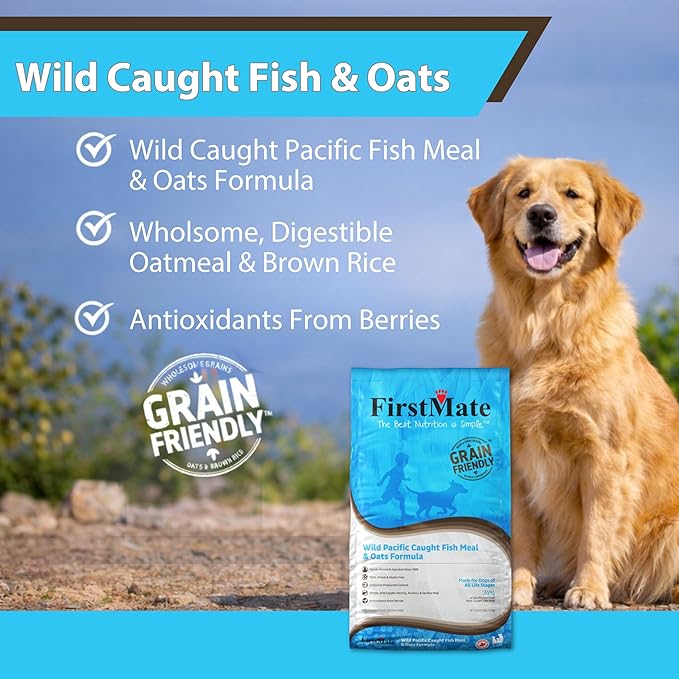 FirstMate Grain Friendly Dog Food Wild Pacific Fish & Oats Formula – Wild Caught Herring Anchovy & Sardine, Single Protein, Pea Free & Potato Free Dry Dog Food with Wholesome Grains – 25 lb Bag