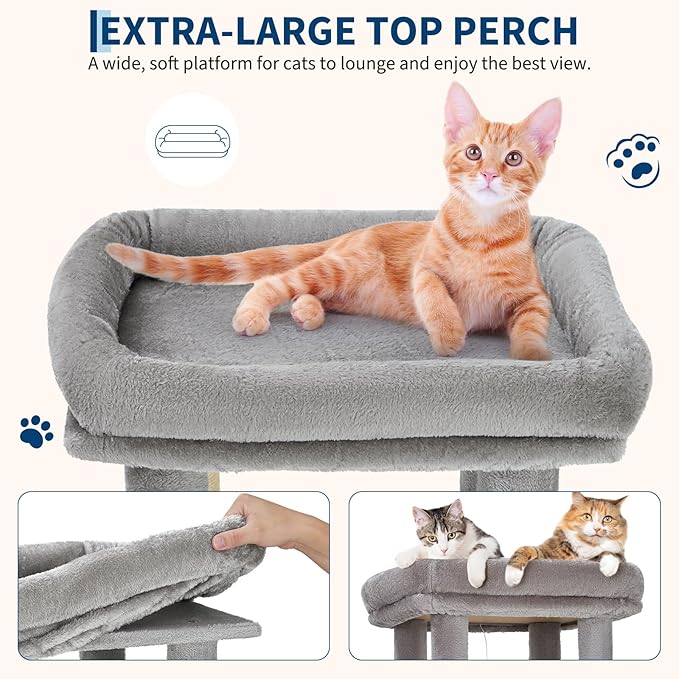 61.4 Inch Cat Tree, Large Cat Tower with Sisal Scratching Posts, 2 Spacious Cat Beds, Hanging Ball & Top Perch, Ideal for Large Indoor Adult Cats, Light Gray