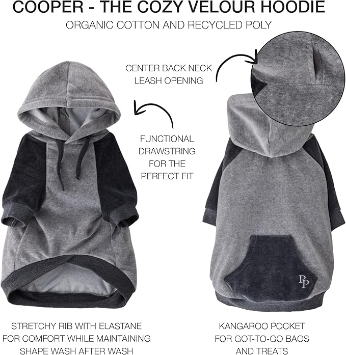 Pet Passion Cooper II Organic Cotton Velour Dog Hoodie Pet Coat for Small, Medium and Large Dogs, Heather Gray Color Block, Medium (20-45 lbs)
