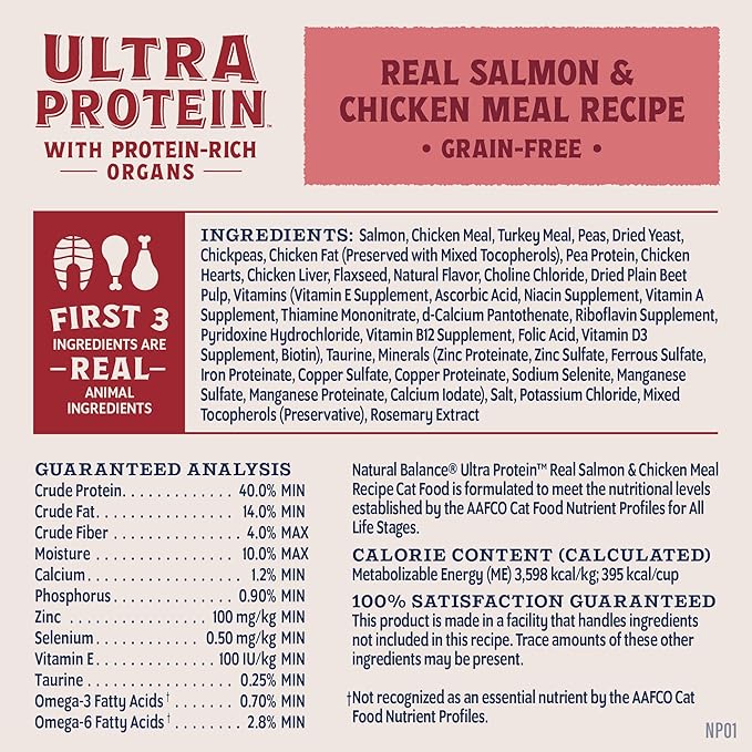 Natural Balance Ultra Protein Dry Cat Food, Real Salmon & Chicken Meal Recipe with Chicken Liver & Chicken Hearts - 10 lbs.