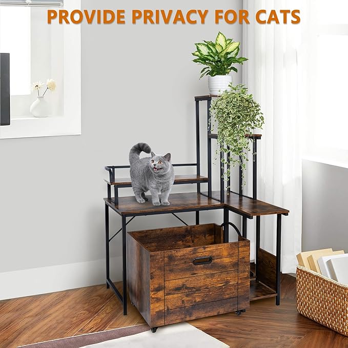 IDEALHOUSE 2024 New Hidden Litter Box Furniture - Cat Litter Box Enclosure Furniture with Flower Stand, Pullable Carring Tray, Coner Plant Stand, Corner Wooden Cat Washroom