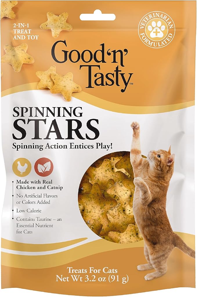Good ‘n’ Tasty Spinning Stars Cat Treat, 3.2 Ounces, 2-in-1 Treat & Toy Made with Real Chicken, Chicken Liver & Catnip, Encourages Playfulness & Low Calorie