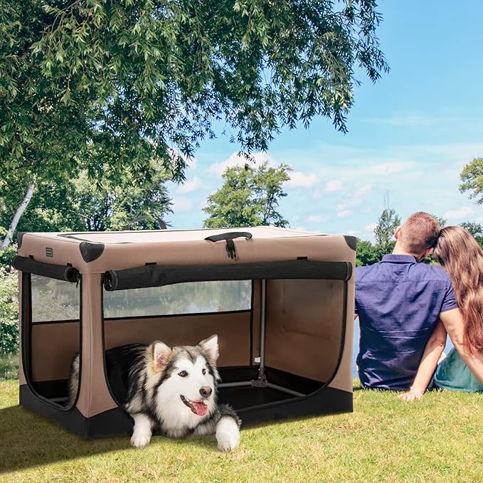 PETSFIT 40" Soft Portable Dog Crate – Patented Spiral Sturdy Frame, Collapsible Travel Kennel for Large Dogs, 3 Mesh Door, Lockable Zippers, Indoor & Car Use Khaki