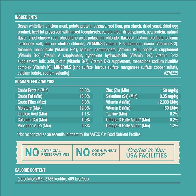 Merrick Purrfect Bistro Grain Free Wild-Caught Ocean Whitefish and Spinach Recipe Natural Dry Cat Food for Adult Cats, High Protein, Outdoor or Indoor Cat Food - 4 lb. Bag