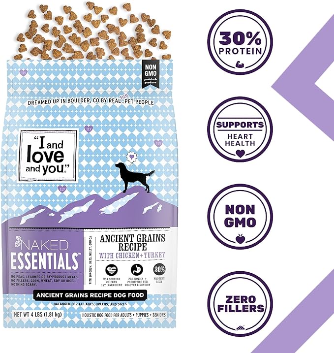 I and love and you Naked Essentials Ancient Grains Dry Dog Food - Chicken + Turkey - High Protein, Real Meat, No Fillers, 4lb Bag