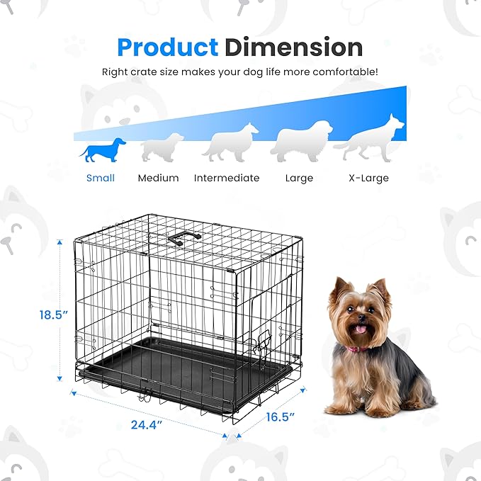 HealSmart 24" Single Door Pet Crate, Sturdy Foldable Metal Wire Dog Cage with Leak-Proof Tray, Portable Indoor & Outdoor Pet Kennel for Travel and Home Use