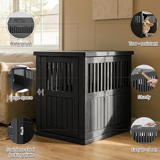 Fancyango 30-Inch Dog Crate Furniture End Table - Decorative Corner Dog House Table for Small to Medium Dogs, Indoor Plastic Dog Crate with Lockable Latch (Black, 29.5" L x 21" W x 25.2" H)