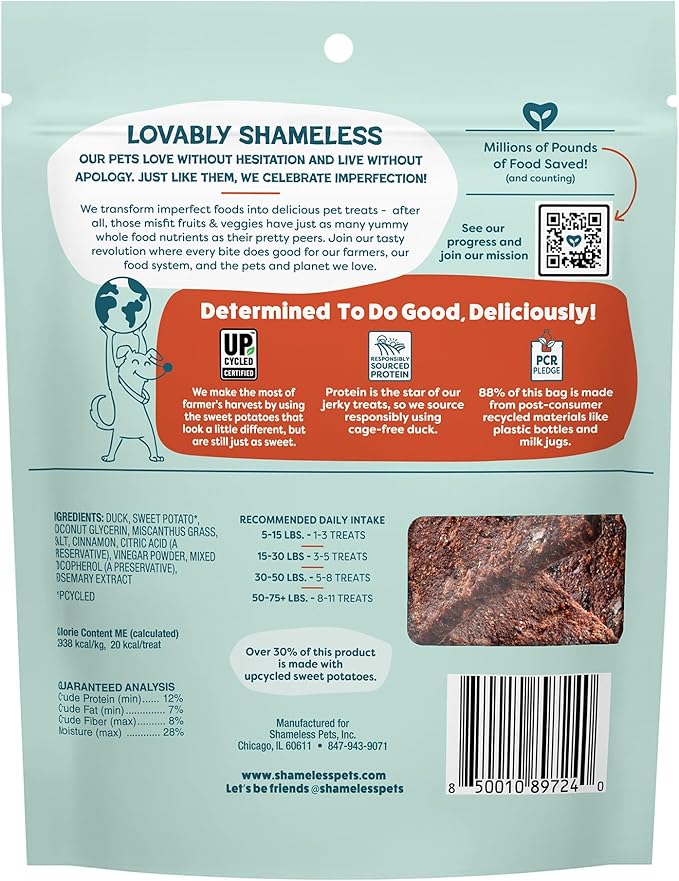 Shameless Pets Jerky Bites Treats, Duck-Tato - Healthy Dog Chews for Digestion Support with Fiber - Dog Treats with Real Cage-Free Duck - Free from Grain, Corn & Soy - 1-Pack