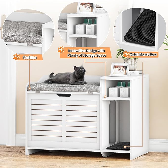 Cat Litter Box Enclosures Large Hidden Cat Litter Box Furniture Enclosure w/Top Opening Door, Wooden End Table Pet House w/Storage Shelf, Cushion & Mat, Dog Proof Design for Easy Cleaning