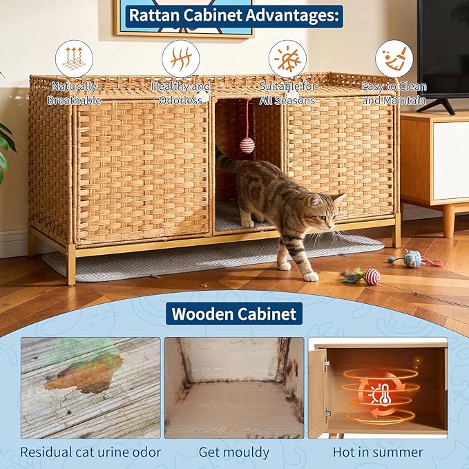 Garvee Cat Litter Box Enclosure Furniture, Handwoven Rattan Cat Houses, Hidden Cat Washroom Furniture with Door/Mat, Large Space Cat Houses with s-Shaped Hooks, Living Room, Bedroom, Natural