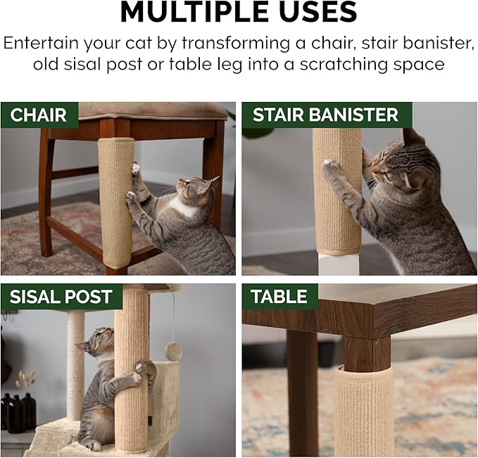 Furhaven Wrap Around Scratching Post Cover for Indoor Cats, Fits Posts Up to 3.5" Diameter, Durable & Less Mess - Tiger Tough Carpet Scratch Mat - Cream, Large (Pack of 3)
