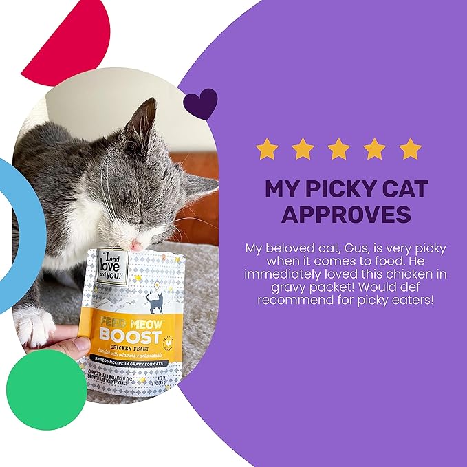 I AND LOVE AND YOU Feed Meow Boost Wet Cat Food - Chicken - Antioxidants & Vitamins for Vitality, Grain Free, Shredded, 3oz Pack of 12