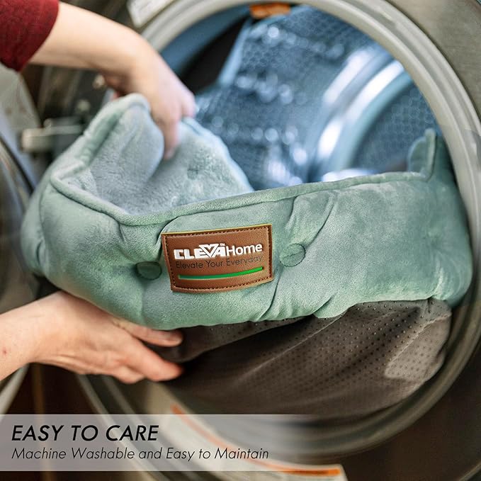 ClevaHome Upgrade Plush Faux Fur Cat Bed - Washable Round Cat Beds for Indoor Cats, Small Dog Bed for Pets up to 15lbs, Reversible Cushion, Non-Slip Bottom (Washed Green)