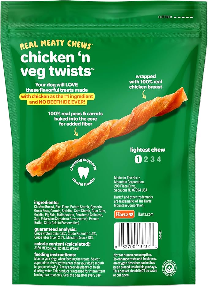Hartz Oinkies Chicken ‘n Veg Twists with 100% Real Chicken Breast, Peas & Carrot Flavorful Beefhide-Free Natural Dog Treats, 20 Count
