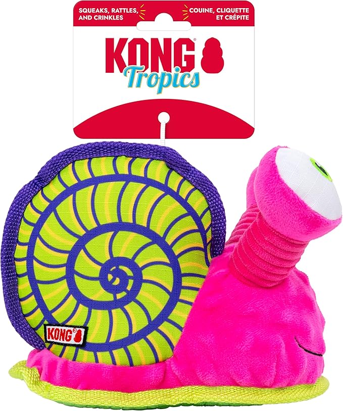 KONG Tropics Rattlez Dog Toy – Durable Plush with Rattle & Crinkle Sounds, Multi-Texture Interactive Enrichment Toy for Dogs (Snail, Medium/Large)