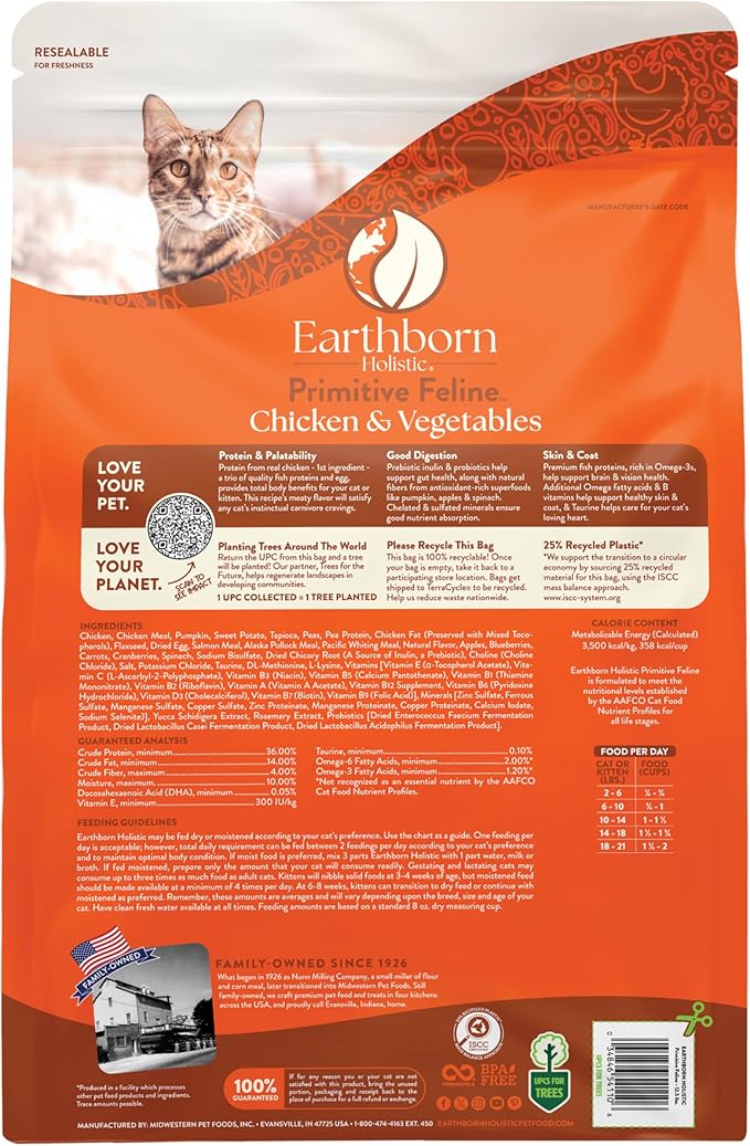 Earthborn Holistic Primitive Feline Grain-Free Dry Cat Food, High Protein Chicken Recipe, Indoor All Life Stages Formula, 12.5 lb Bag