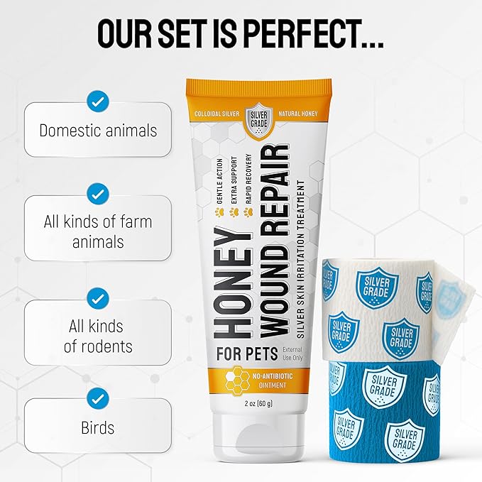 Hot Spot Treatment For Dogs & Cats to Help with Scratches, Cuts, Bites – Set of Honey Wound Repair Ointment in Gel Form + 2 Bandages – Horse & Dog Wound Care with Silver & Honey – All Pets Care – 2 Oz