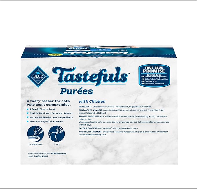 Blue Buffalo Tastefuls Purées with Chicken, Natural Cat Food Complement, Resealable Twist Cap Pouches, 3-oz (12 Count)