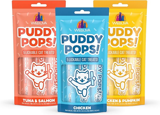 Bundle of Weruva Puddy Pops Lickable Cat Treats in 3 flavors, Chicken, Tuna & Salmon, and Chicken & Pumpkin