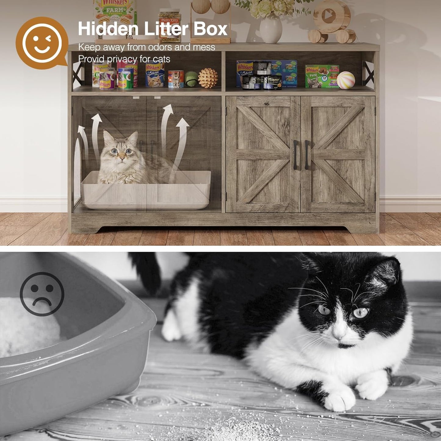 Cat Litter Box Enclosure for 2 Cats, 47" Hidden Litter Box Furniture Cat Washroom with Double Large Room, Farmhouse Indoor Litter Box Cabinet TV Stand, Grey