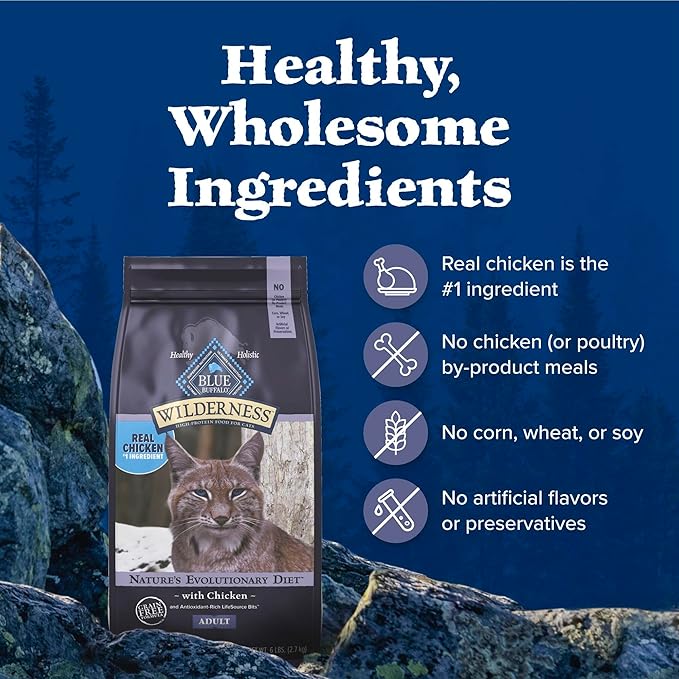 Blue Buffalo Wilderness Nature's Evolutionary Diet High-Protein, Grain-Free Natural Dry Food for Adult Cats, Chicken, 6-lb. Bag