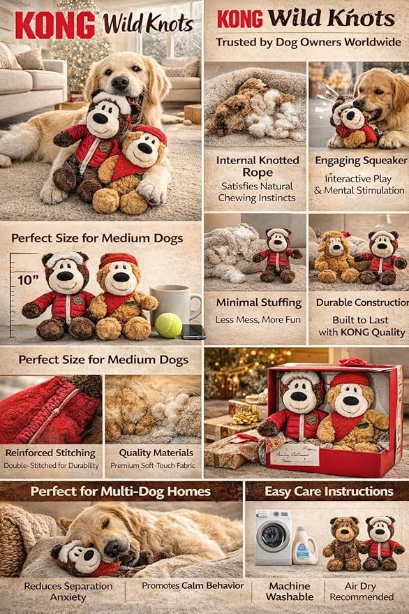 Kong Dog Toys 2-Pack Wild Knots Bears - Durable Plush Squeaker Toys with Internal Rope, Minimal Stuffing, Gift Box for Medium Dogs