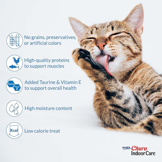 INABA Churu Indoor Care for Hairball Control, Functional Lickable Cat Treat with Taurine & Green Tea Extract, 0.5oz Each, 24 Tubes Total, Tuna Recipe