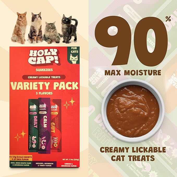 Variety Pack Grain-Free Lickable Cat Treats, 15 Squeezable Purée Tubes (0.5 oz Each), Daily Ritual, Happy Gut & Calm & Chill Flavors, Creamy Cat Purée with Clean Ingredients