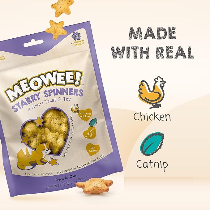 MEOWEE! Starry Spinners Cat Treat, 2.8 Ounce, 2-in-1 Treat & Toy Made with Real Chicken, Chicken Liver & Catnip, Encourages Playfulness & Low Calorie
